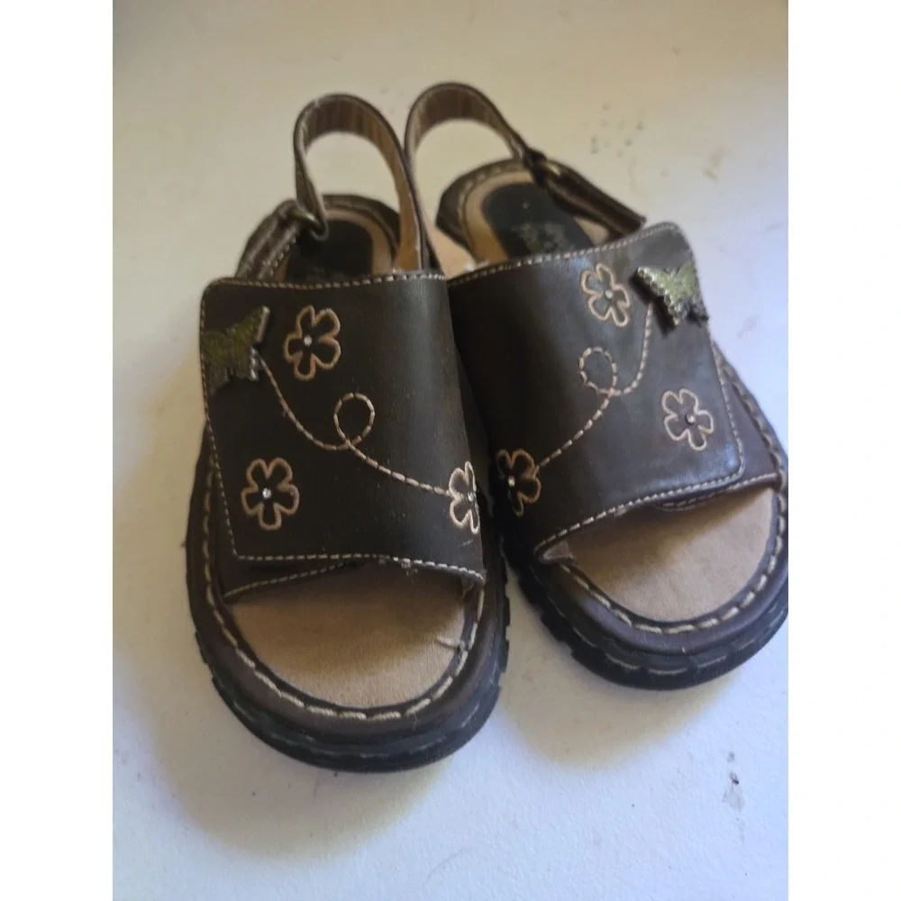 Toddler Vintage Hearts & Flowers Size 8 Chunky Sandals Leather Brown Y2K